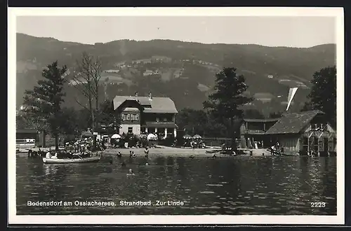 AK Bodensdorf am Ossiachersee, Strandbad Zur Linde, vom Wasser gesehen