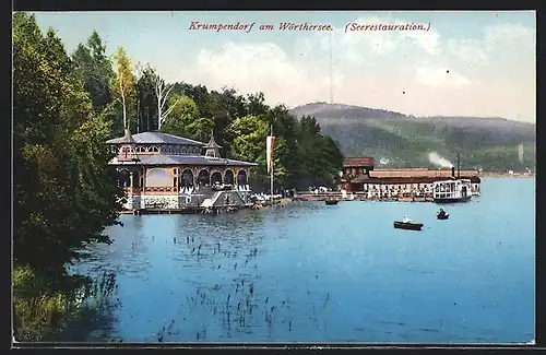 AK Krumpendorf am Wörthersee, Gasthaus Seerestauration, vom Wasser gesehen