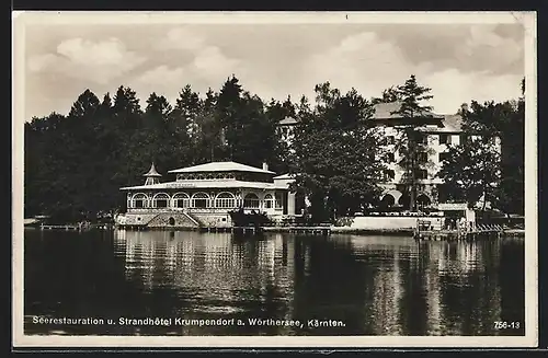 AK Krumpendorf am Wörthersee, Seerestauration und Strand-Hotel, vom Wasser gesehen