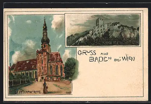 Lithographie Baden, Pfarrkirche, Ruine Rauhenstein