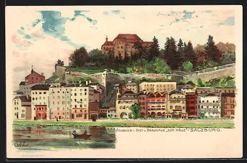 Lithographie Salzburg, Ausblick v. Gast- u. Brauhaus Zur Hölle mit Boot