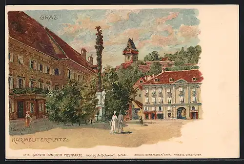 Künstler-AK Graz, Karmeliterplatz mit Denkmal