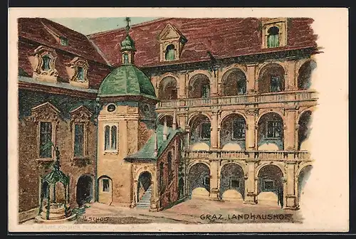 Lithographie Graz, Landhaushof mit Treppenaufgang