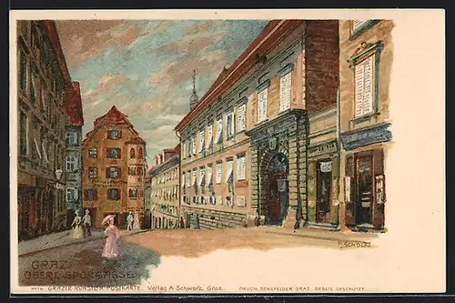 Künstler-AK Graz, Obere Sporgasse mit Passanten