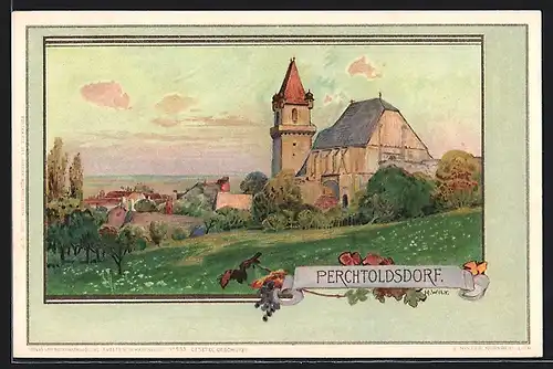 Künstler-AK Perchtoldsdorf, Die Kirche im Dorf