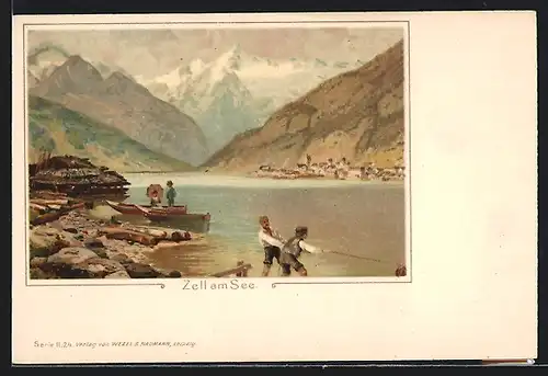 Lithographie Zell am See, Partie am See