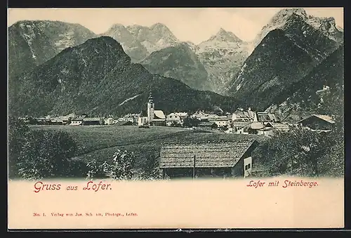 AK Lofer, Perspektive aus der Vogelschau zum Ort mit Steingebirge