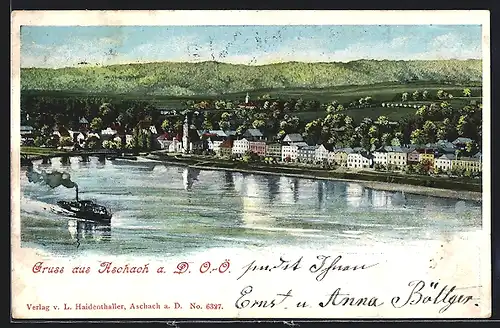 AK Aschach a. Donau, Ortsansicht, Dampfer