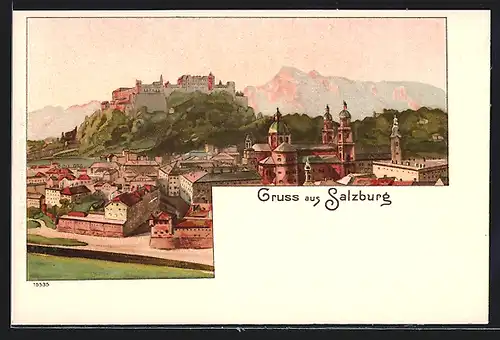 Lithographie Salzburg, Totalansicht im Abendrot