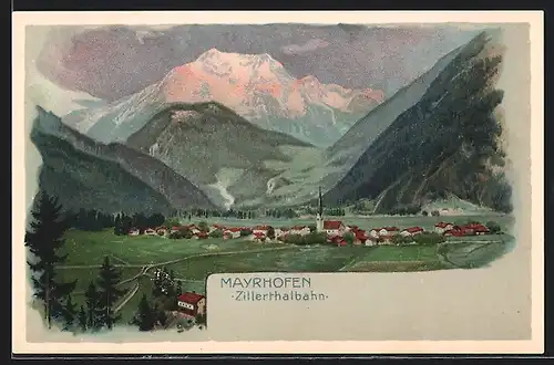 Künstler-AK Mayrhofen, Gesamtansicht mit Umgebung