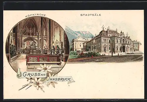 Lithographie Innsbruck, Stadtsäle, Hofkirche Innenansicht, Edelweiss