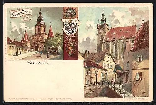 Lithographie Krems / Donau, Steiner Thor, Kirchenansicht