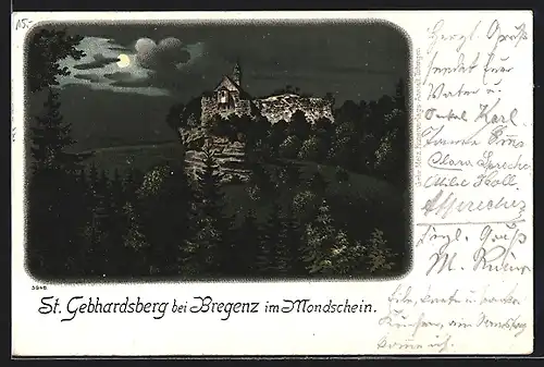 Mondschein-AK St. Gebhardsberg bei Bregenz, Ortsansicht im Vollmondlicht