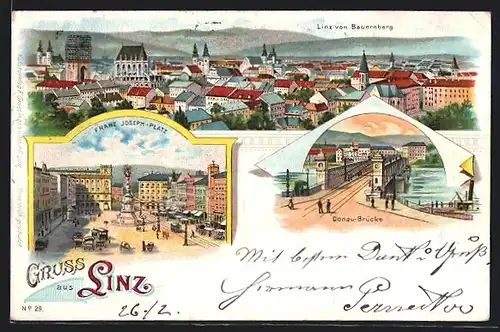 Lithographie Linz, Teilansicht vom Bauernberg, Franz Joseph-Platz mit Denkmal u. Strassenbahn, Donau-Brücke