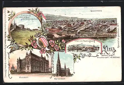 Lithographie Linz a. D., Totalansicht, Urfahr mit Pöstlingberg, Strassenpartie mit Museum