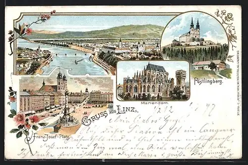 Lithographie Linz, Franz-Josef-Platz, Mariendom und Pöstlingberg