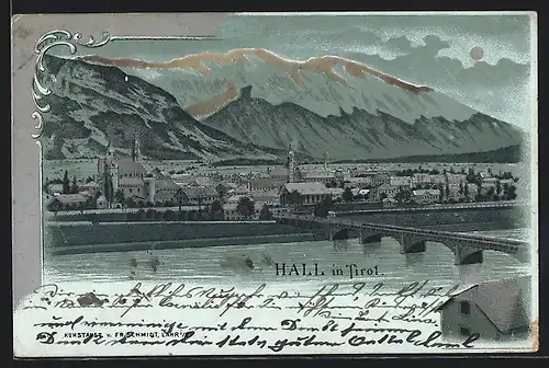 Lithographie Hall in Tirol, Ortsansicht aus der Vogelschau