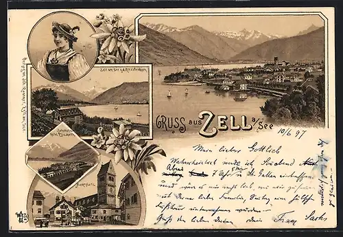 Lithographie Zell a. See, Bahnhof und Hotel Elisabeth, Marktplatz, Uferpartie g. d. Ritzsteinhorn