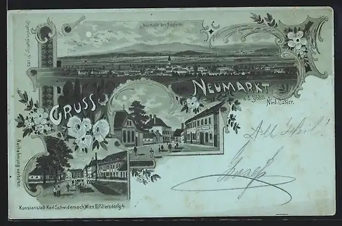 Mondschein-Lithographie Neumarkt a. d. Ybbs, Teilansicht, Strassenpartie, Ortspartie