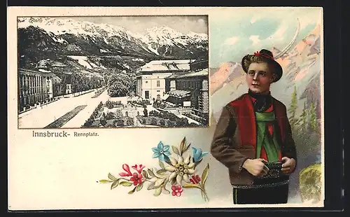 Präge-AK Innsbruck, Rennplatz, Mann in Tracht, Passepartout