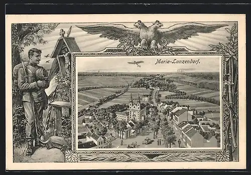 AK Maria-Lanzendorf, Gesamtansicht, mit Adler und Soldat am Flurschrein