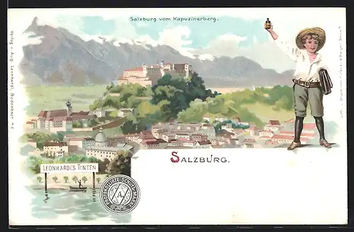 Lithographie Salzburg, Teilansicht mit Werbeschild für Leonhardi`s Tinten vom Kapuzinerberg