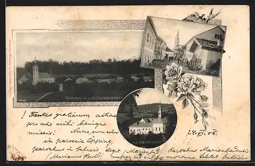 AK Sieghartskirchen, Öpping a. d. Mühlkreisbahn, Ortspartie mit Kirche, Schloss Götzendorf, Dorfplatz