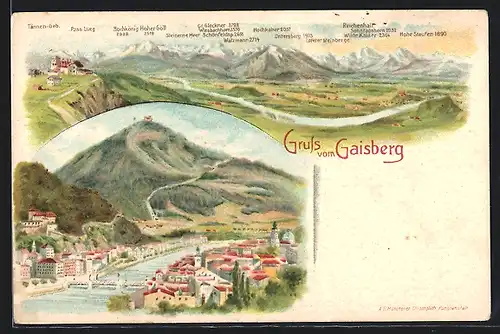 Lithographie Salzburg, Gaisberg, Teilansicht, Bergpanorama mit Untersberg, Watzmann und Pass Lueg