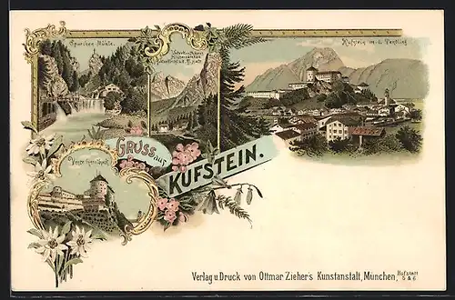 Lithographie Kufstein, Sparchen-Mühle, Veste Geroldseck