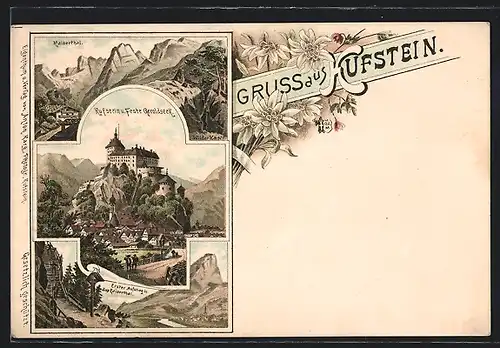 Lithographie Kufstein, Kaiserthal, Wilder Kaiser, Feste Geroldseck