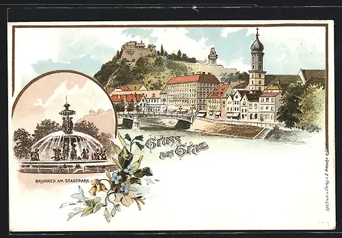 Lithographie Graz, Brunnen am Stadtpark, Teilansicht mit Flusspartie