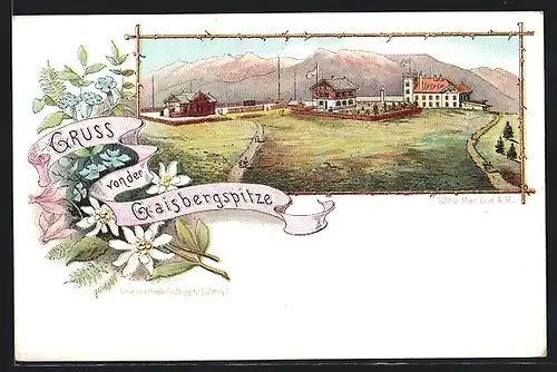 Lithographie Gaisbergspitze, Gasthaus von F. Pflauder