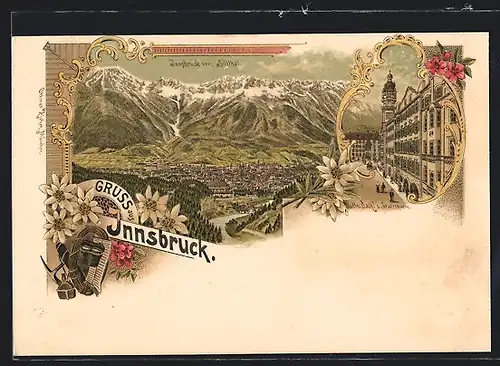 Lithographie Innsbruck, Totalansicht, Gasthaus gold. Dachl & Stadtturm