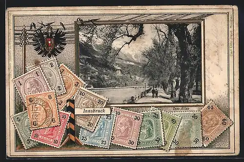 AK Innsbruck, Motiv von der Inn-Allee, österreichische Briefmarken