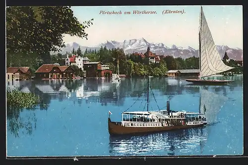 AK Pörtschach am Wörthersee /Kärnten, Uferpartie mit Dampfer
