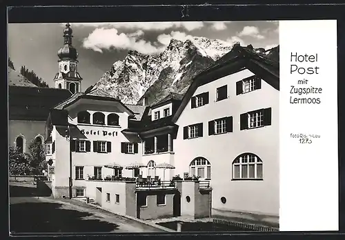 AK Lermoos, Hotel Post mit Zugspitze