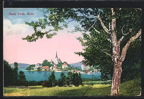 AK Maria Wörth, Ortsansicht bei Dämmerung