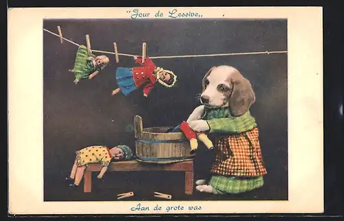 AK Hund wäscht Puppen und hängt sie auf