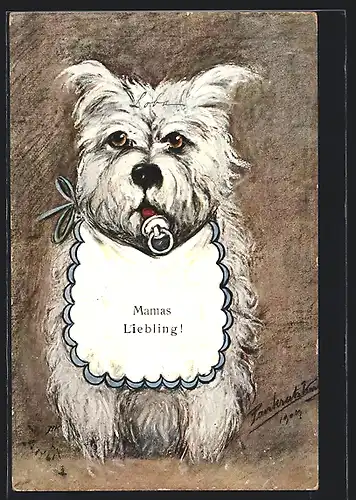 Künstler-AK Terrier mit Lätzchen und Schnuller
