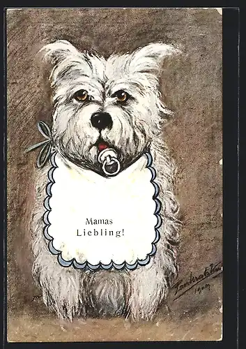Künstler-AK Terrier mit Lätzchen und Schnuller
