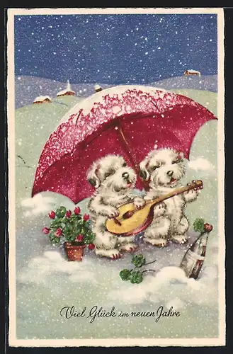 AK Neujahrsgruss, zwei Hunde spielen auf der Laute, Regenschirm, Sektflasche und Klee