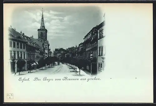 Mondschein-AK Erfurt, Strasse Anger bei Vollmond vom Brunnen aus gesehen