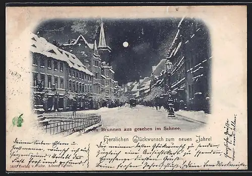 Mondschein-AK Erfurt, Strasse der Anger vom Brunnen aus gesehen im Schnee