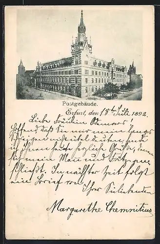 Vorläufer-AK Erfurt, 1892, Postgebäude und Strassenpartie am Anger