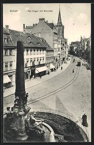 AK Erfurt, Strasse Anger mit Brunnen und Strassenbahn