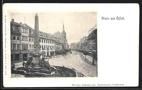 AK Erfurt, Anger Strasse mit Brunnen, Theodor Altmann Modewaren