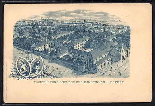 Lithographie Erfurt, Töchter Pensionat der Ursulinerinnen aus der Vogelschau