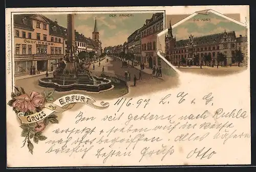 Lithographie Erfurt, Anger mit Geschäftshaus Gebr. Hesse, Post