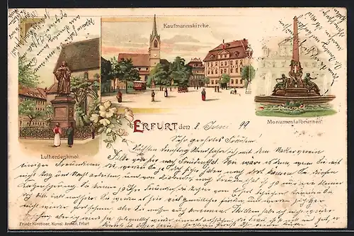 Lithographie Erfurt, Kaufmannskirche, Lutherdenkmal, Monumetalbrunnen