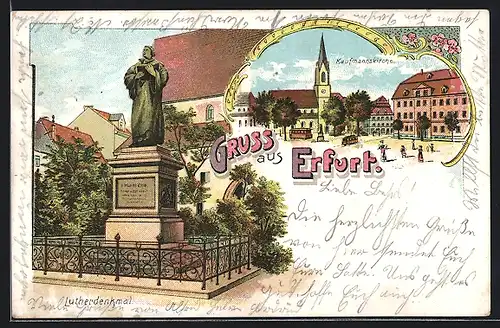 Lithographie Erfurt, Kaufmannskirche, Lutherdenkmal